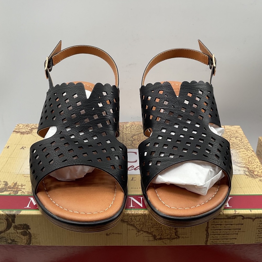 Tuscany by Easy Street Martella Black Leather Wedge Sandals 6.5 W Made in Italy